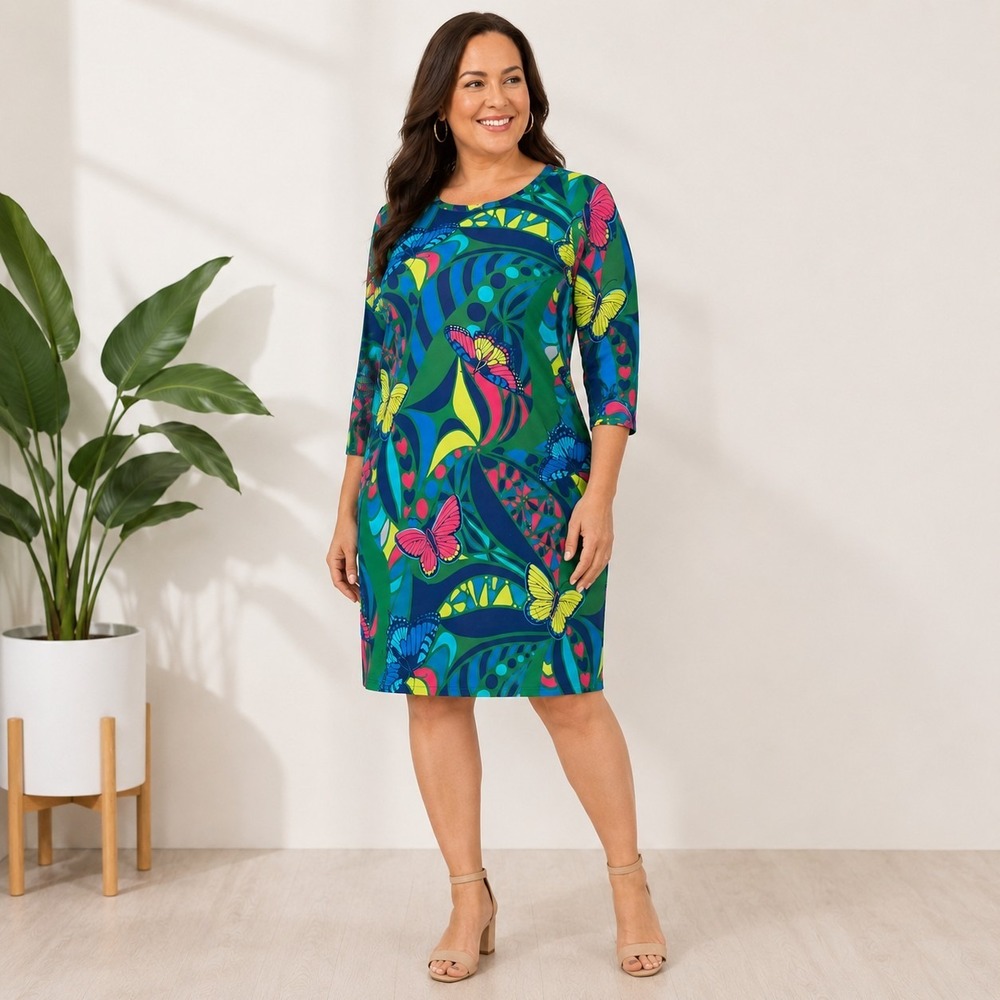 Lesley Evers Butterfly Print Shift Dress Women's 2X Green Neon Psychedelic Retro